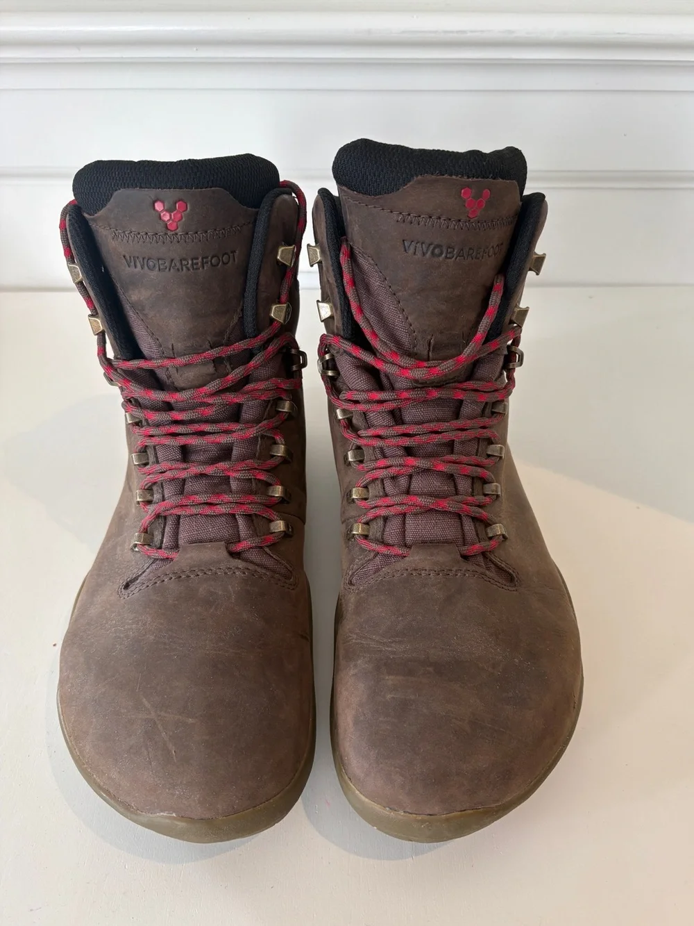 Vivo barefoot Men’s Brown Leather Hiking Boots with Red Accents